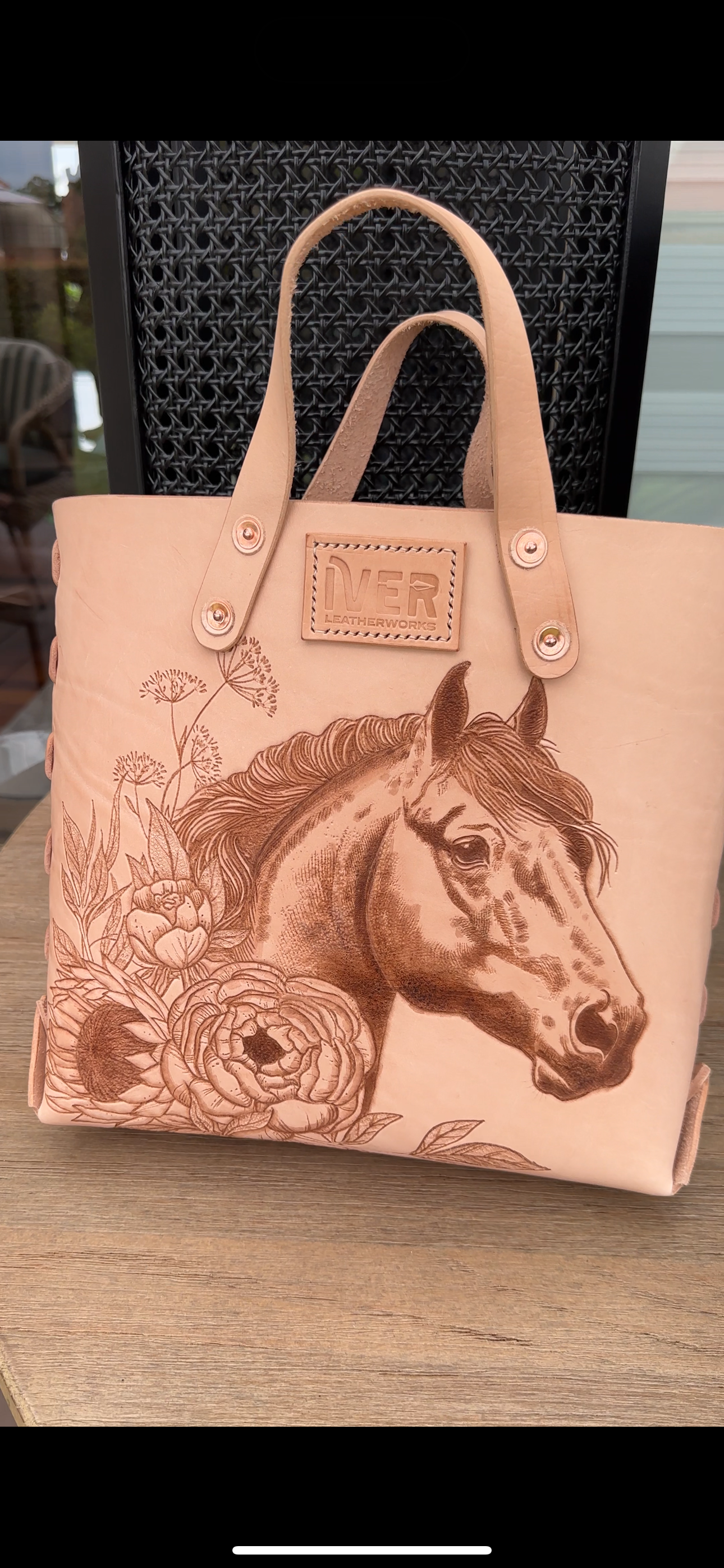Natural Laced Leather Tote with tooled pattern