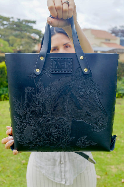 Black Laced Leather Tote with tooled pattern