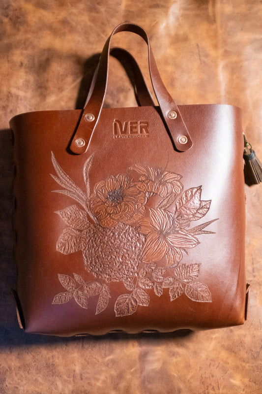 Laced Leather Tote with tooled pattern