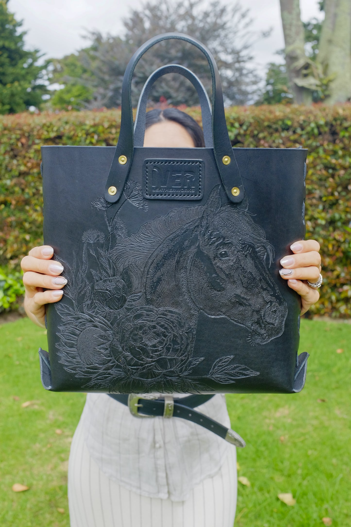 Black Laced Leather Tote with tooled pattern
