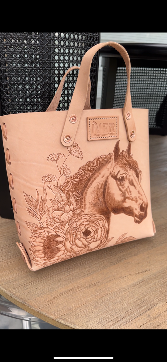 Natural Laced Leather Tote with tooled pattern